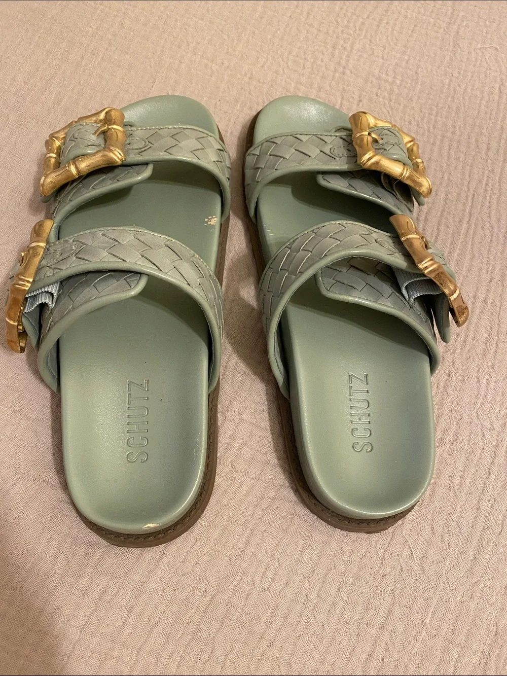 SHUTZ Braided Slide Sandals with Gold Buckles - Sage Green. Size 7.5
